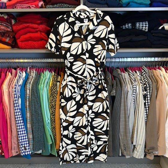 Tabitha Brown black/brown/white leaf print short sleeve belted jumpsuit size XXS - Picture 1 of 3